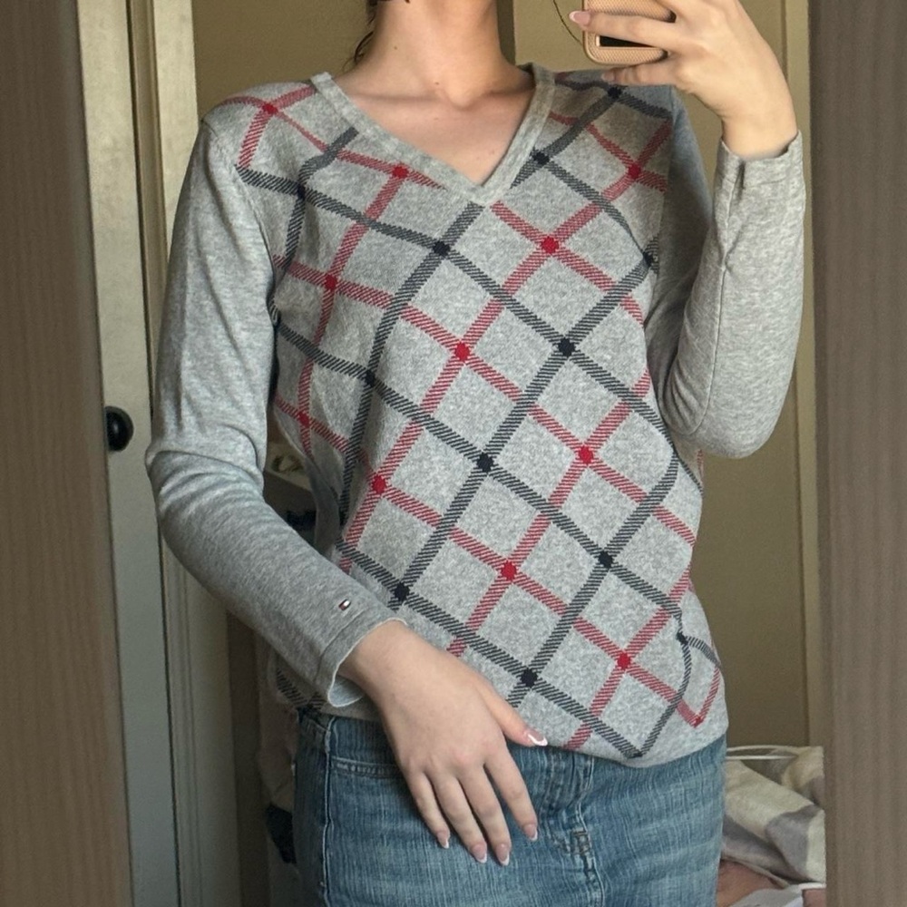 Gray and Red Plaid Preppy Women's Holiday Sweater